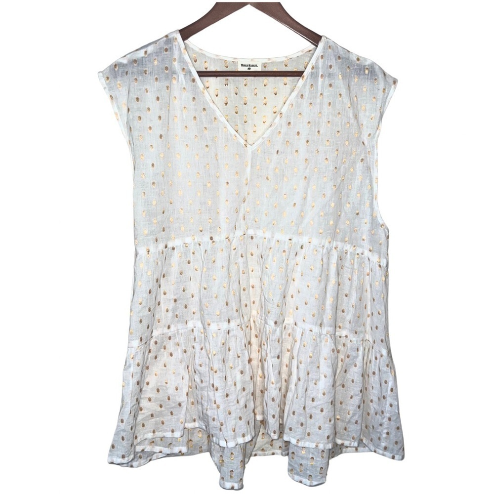World Market Womens Flowy Tiered Babydoll Tank Top Boho Cream Gold Dots One Size